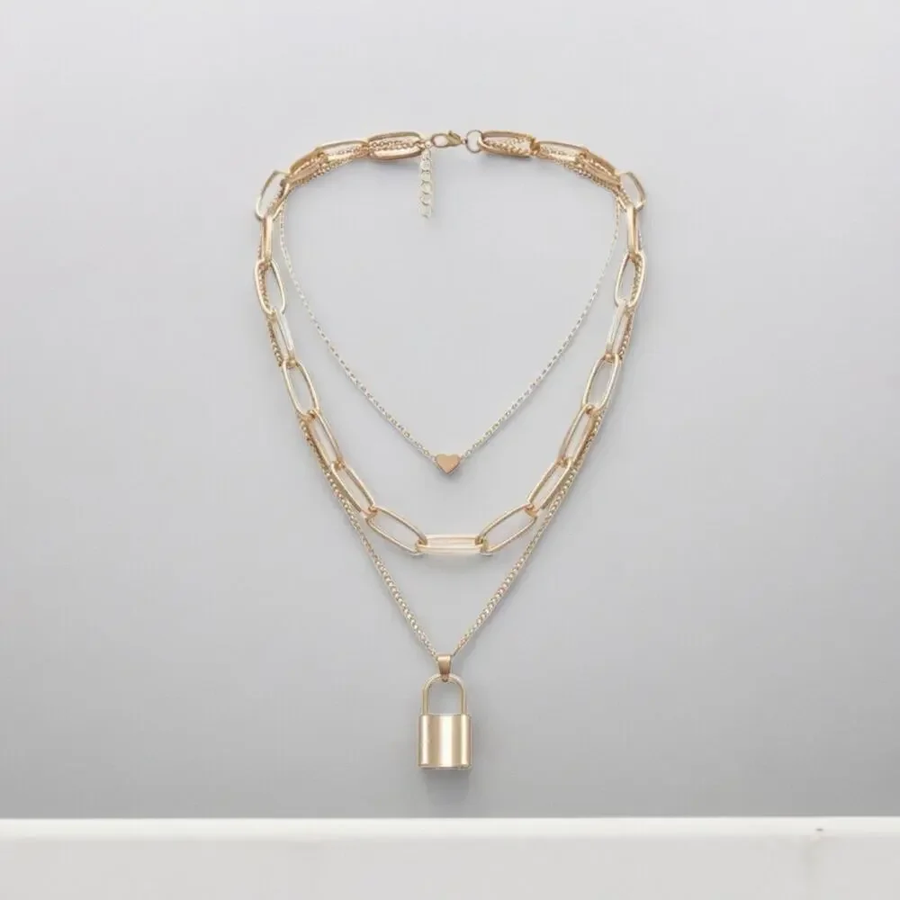 NEW 18 karat yellow gold plated triple layer lock and heart necklace jewelry B21